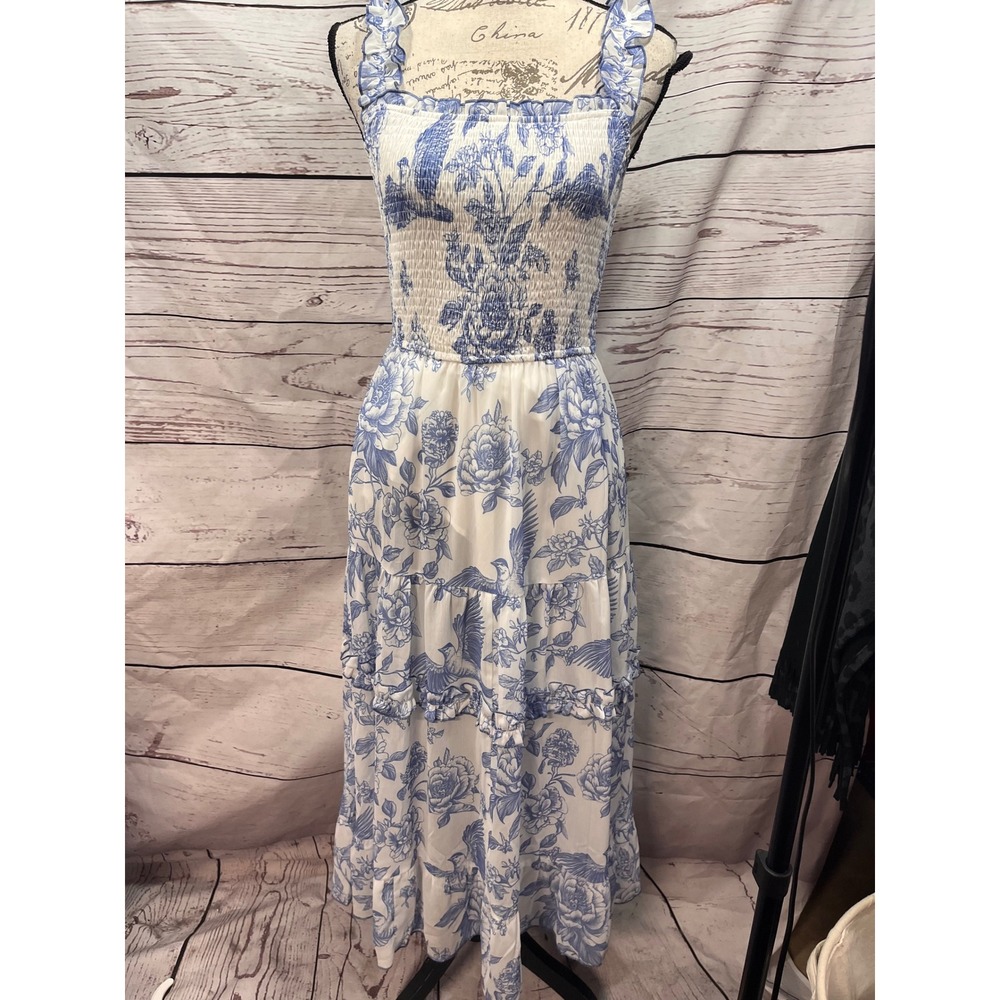 Scarlet Darkness Blue White Toile Floral Smocked Tiered Midi Dress Womens Medium